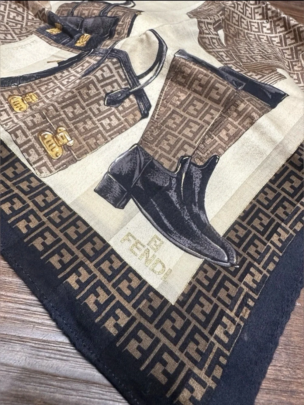Fendi FF Logo Silk Square Scarf Bags Shoes Print Brown Vintage
